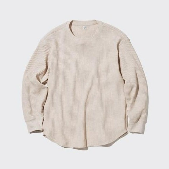 Uniqlo Tops - Uniqlo Waffle Knit Top Women Small Beige Long Sleeve Thermal Crew Neck